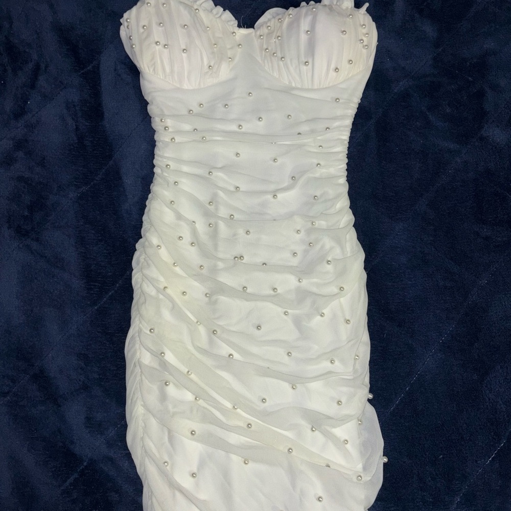Windsor Strap White Dress with Pearl Accents